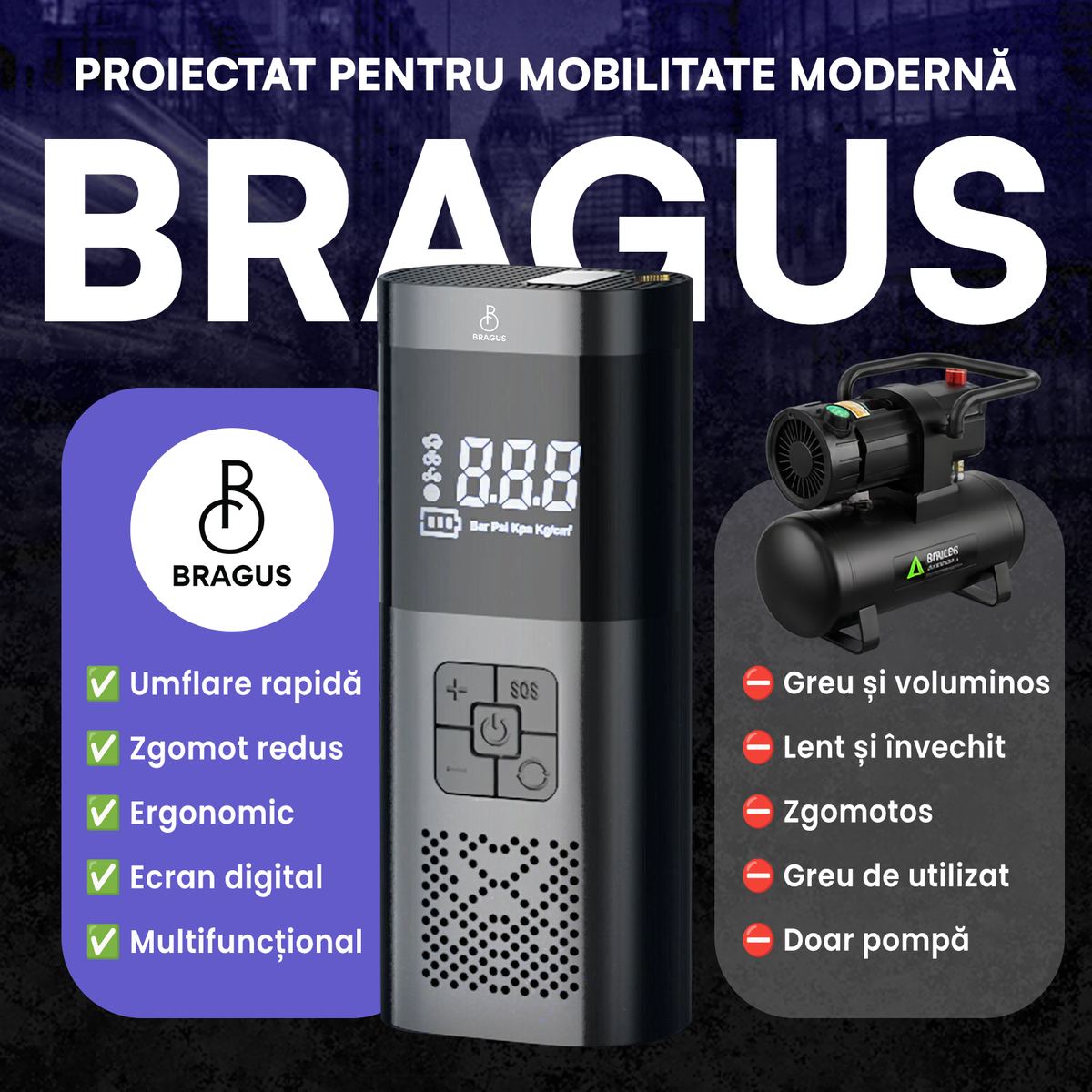 Compresor Auto Portabil, 3 în 1, Baterie 6000mAh tip Powerbank, Digital, Manometru, Lanternă LED, 150PSI, Debit 20L, Pompă Aer Mașină, 4 Accesorii, Încărcare USB, Umflare Roți, Minge, Bicicletă, Negru