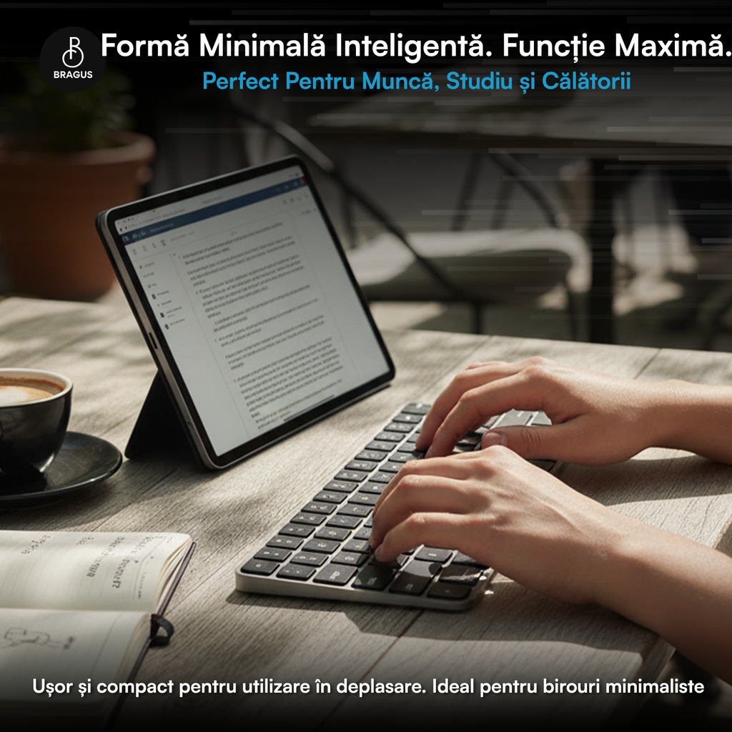 Tastatură Wireless Reîncărcabilă, BRAGUS, Bluetooth 5.1, USB, 500mAh, Ultra Subțire, Aluminiu, Conectare Simultană pe 3 Dispozitive, Compatibilă PC, Windows, Mac, iOS, Android, Type-C, 230g