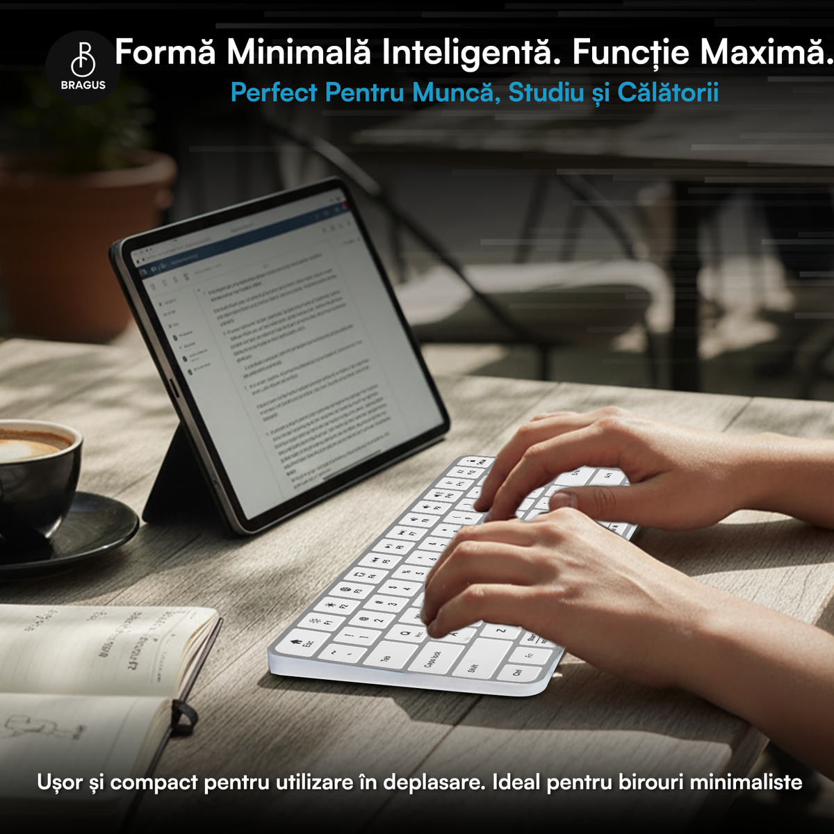 Tastatură Wireless Reîncărcabilă, BRAGUS, Bluetooth 5.1, USB, 500mAh, Ultra Subțire, Aluminiu, Conectare Simultană pe 3 Dispozitive, Compatibilă PC, Windows, Mac, iOS, Android, Type-C, 230g
