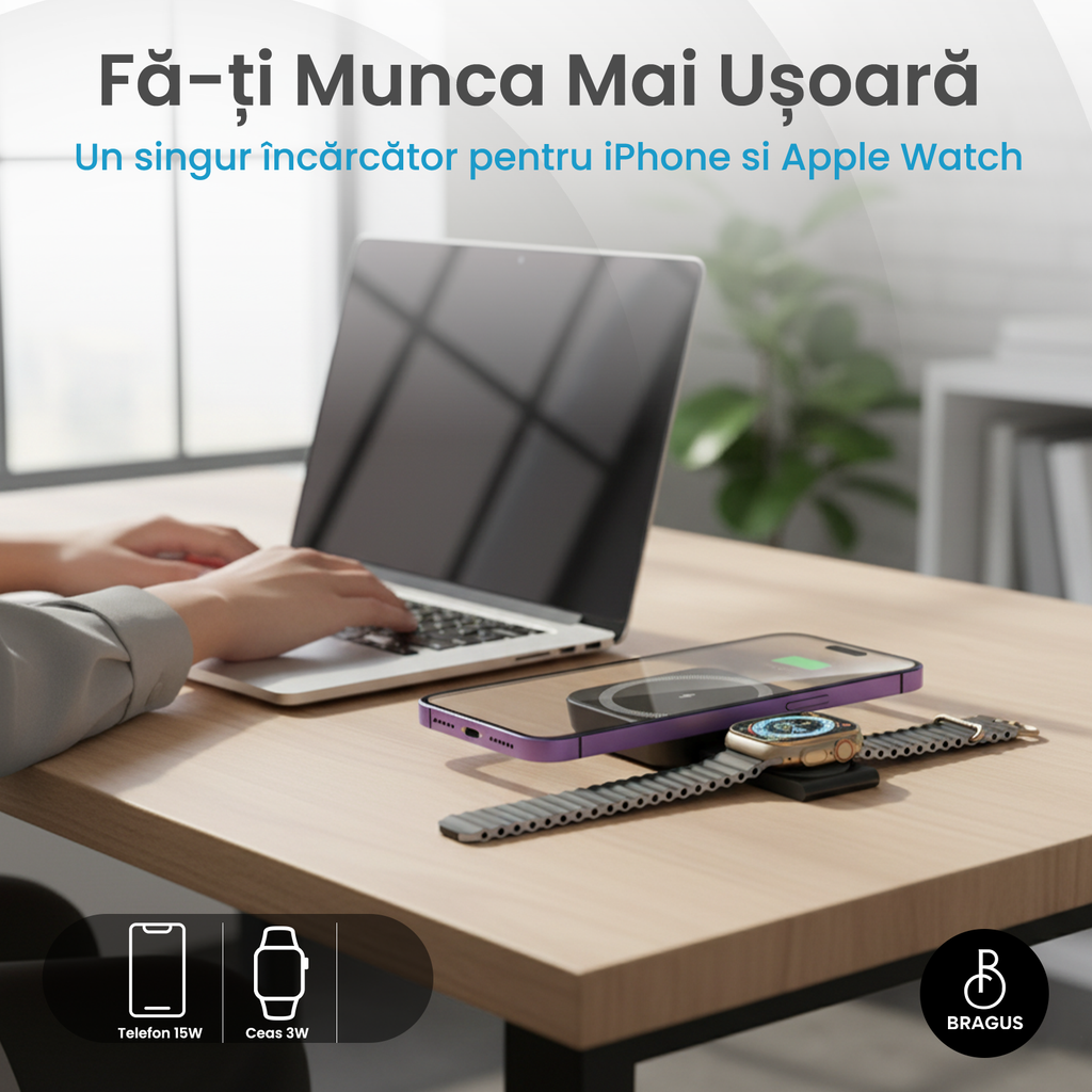 Încărcător Wireless 2 în 1, Încărcare Simultană 2 Dispozitive, Pliabil, Tehnologie MagSafe, Încărcare Duală, Magnet Puternic, Suport pentru Telefon, Compatibil iPhone, Apple Watch, AirPods, Negru