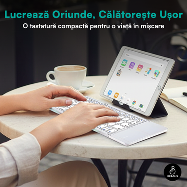 Tastatură wireless pliabilă, ultra-subțire, portabilă, reîncărcabilă USB-C, touch pad cu 2 click-uri, pliabilă în 3 secțiuni, Bluetooth 5.0, compatibilă Android, iOS, Smart TV, tabletă, PC, 200g