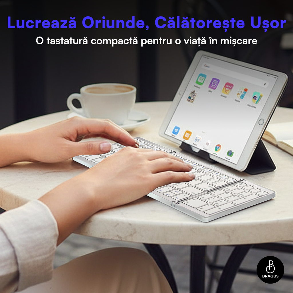 Tastatură Pliabilă Ultra Subțire, Bluetooth 5.0, Reîncărcabilă USB, 140mAh, Autonomie 100h, Pliabilă în 3 secțiuni, 3 Conexiuni Simultane, Wireless, Compatibilă cu Android, iOS, Smart TV, PC, 200g