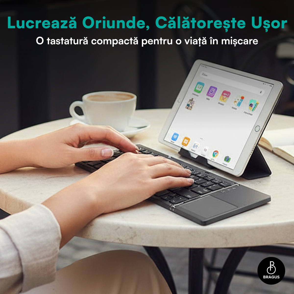 Tastatură wireless pliabilă, ultra-subțire, portabilă, reîncărcabilă USB-C, touch pad cu 2 click-uri, pliabilă în 3 secțiuni, Bluetooth 5.0, compatibilă Android, iOS, Smart TV, tabletă, PC, 200g