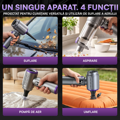 Mini Aspirator Auto Portabil, 20000 PA, Baterie 6000mAh, 130W, 110000RPM, Autonomie până la 42min, Lumină LED, Aspirare, Suflare, Vacuum, 3 Viteze, 7 Accesorii, 2 Filtre HEPA, Pentru Mașină