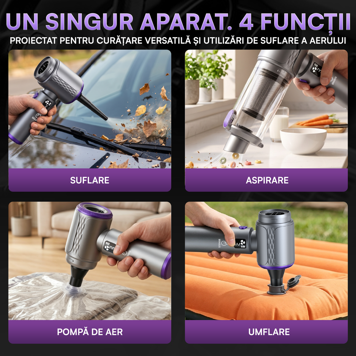 Mini Aspirator Auto Portabil, 20000 PA, Baterie 6000mAh, 130W, 110000RPM, Autonomie până la 42min, Lumină LED, Aspirare, Suflare, Vacuum, 3 Viteze, 7 Accesorii, 2 Filtre HEPA, Pentru Mașină