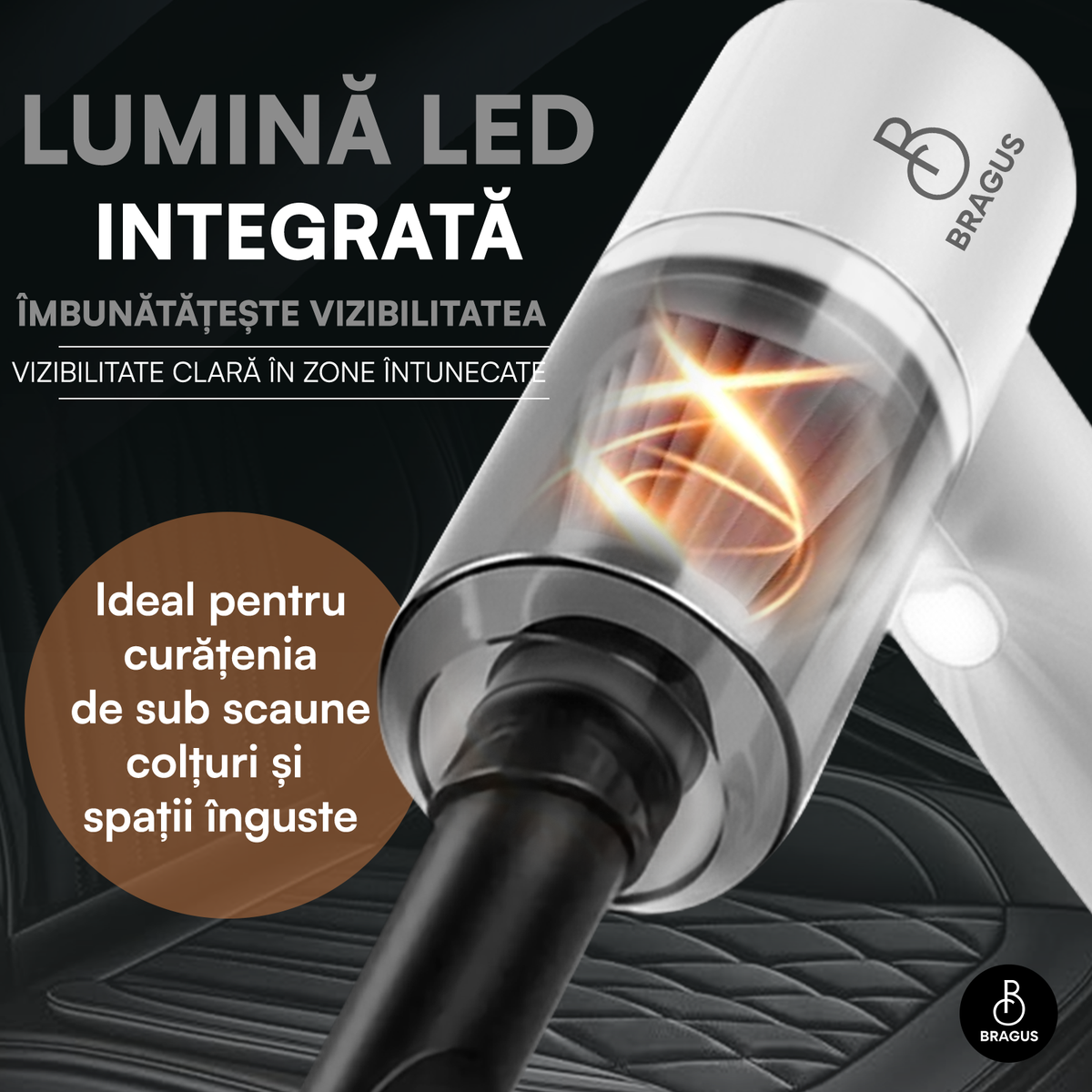 Mini Aspirator Auto Portabil, Acumulator 2400mAh, 9000Pa, 120W, Autonomie 30min, 2 în 1 Aspirare și Suflare, Vidare, Umflare, LED, Filtru HEPA, 3 Filtre Incluse, pentru Mașină și Casă, Încărcare USB