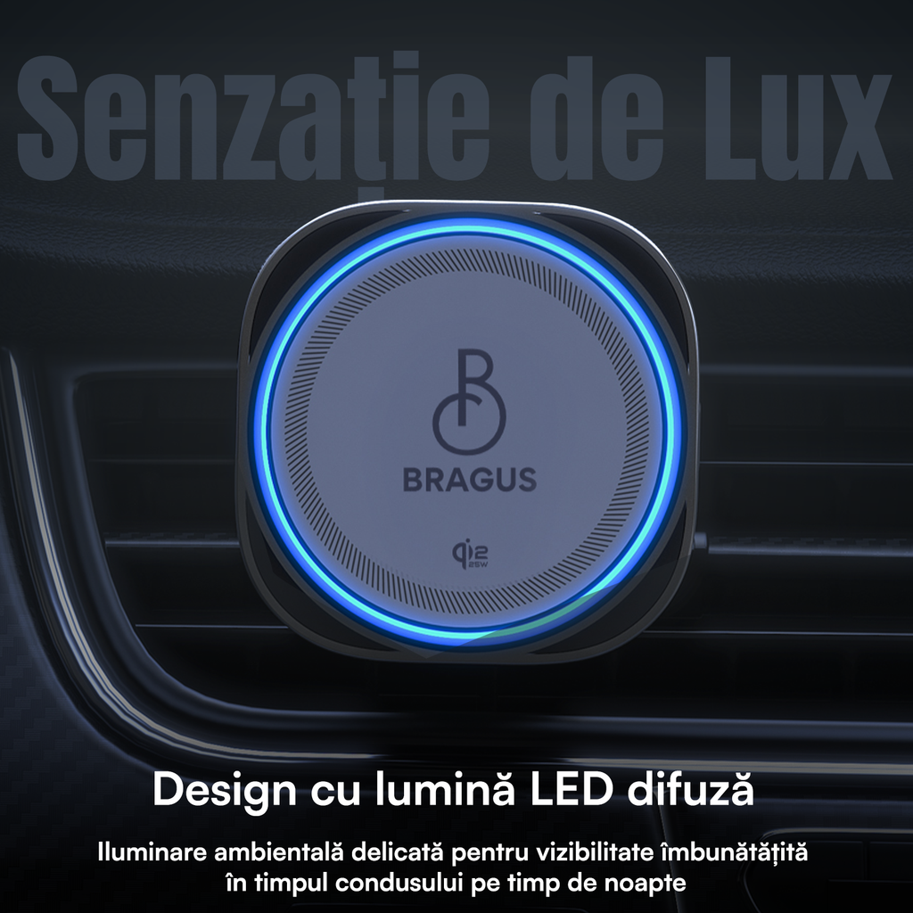 Încărcător Auto Wireless Magnetic, Încărcare Rapidă 25W, Funcție Răcire Integrată, Fixare Puternică, Protocol QI2.2, Lumină Ambientală, Adaptor 45W Inclus, Tehnologie MagSafe, Suport Pentru Telefon