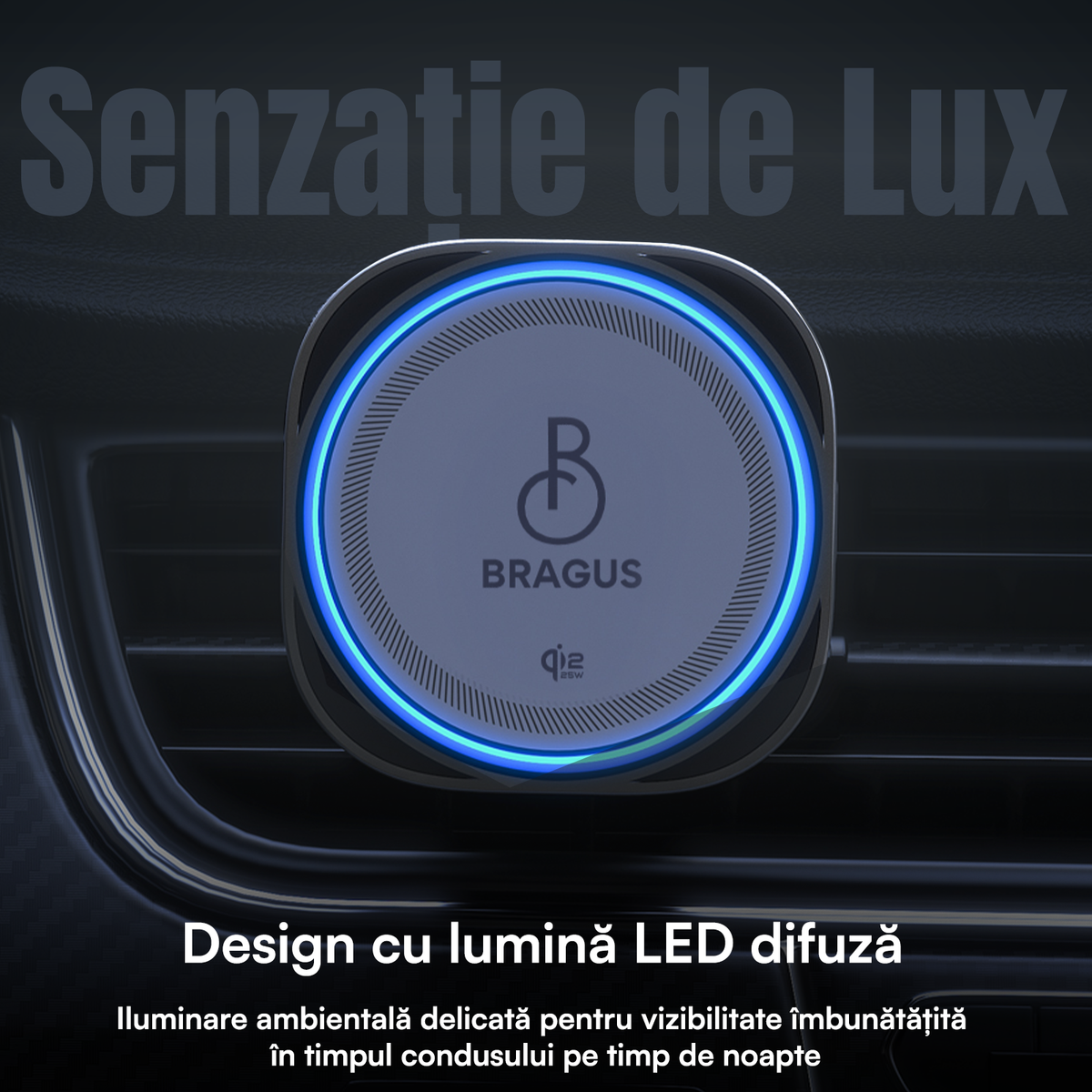 Încărcător Auto Wireless Magnetic, Încărcare Rapidă 25W, Funcție Răcire Integrată, Fixare Puternică, Protocol QI2.2, Lumină Ambientală, Adaptor 45W Inclus, Tehnologie MagSafe, Suport Pentru Telefon