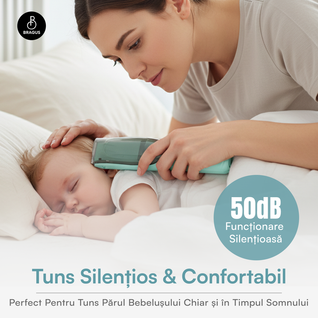 Aparat de Tuns pentru Bebelusi, Copii si Adulti, BRAGUS, 600mAh, 2 Trepte de Viteza, 2 Motoare Silentioase, Functie de Aspirare a Parului, Rezistent la Apa IPX7, Reincarcabil USB, 3 Piepteni Inclusi