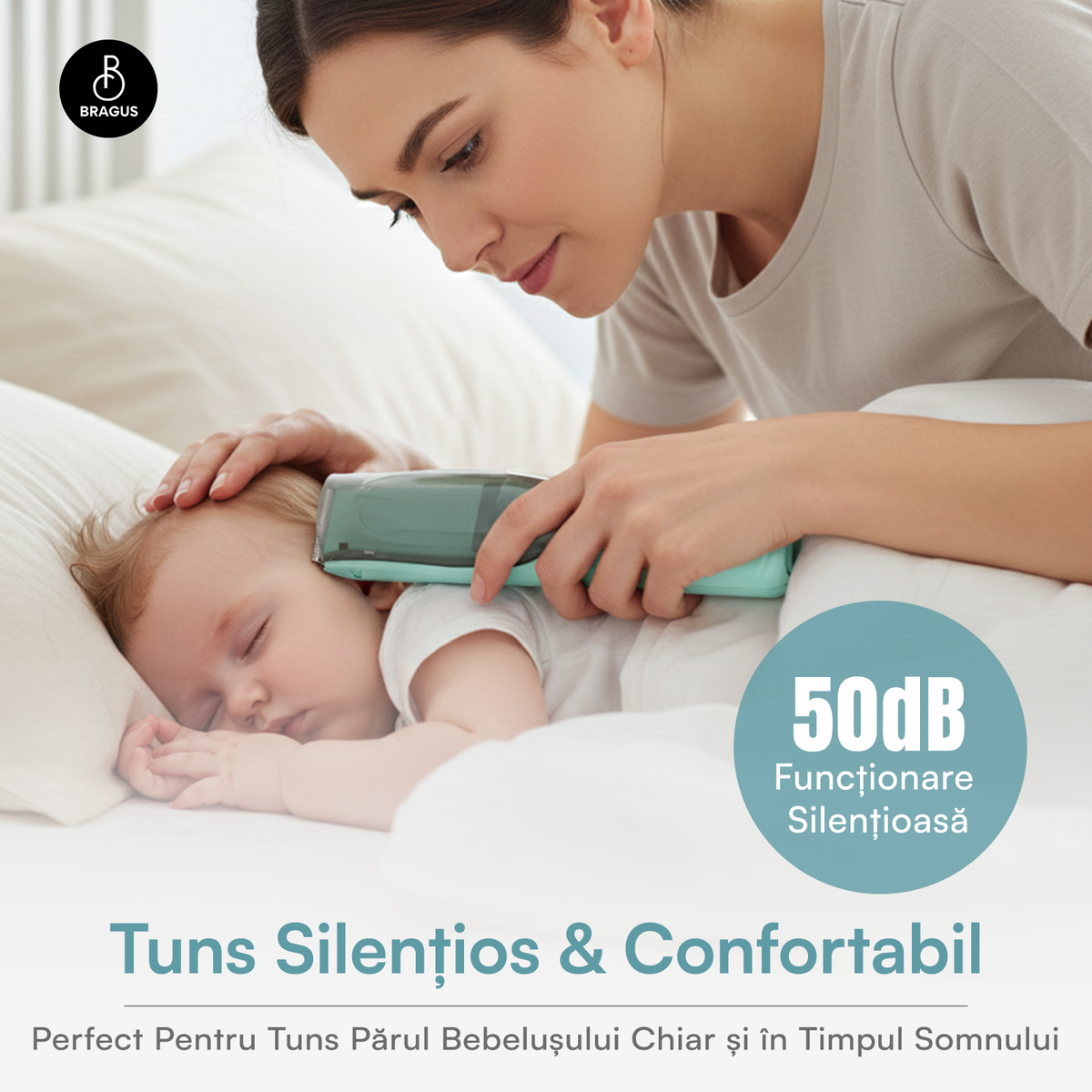 Aparat de Tuns pentru Bebelusi, Copii si Adulti, BRAGUS, 600mAh, 2 Trepte de Viteza, 2 Motoare Silentioase, Functie de Aspirare a Parului, Rezistent la Apa IPX7, Reincarcabil USB, 3 Piepteni Inclusi
