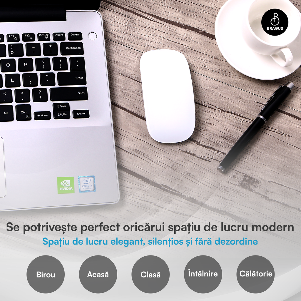 Mouse Wireless cu Gesturi, BRAGUS, Reîncărcabil USB-C, Ultra Subțire, 1600 dpi, 68gr, Mouse Touch cu Gesturi, Silențios, Design Elegant, Compact, Mouse fără fir, Compatibil cu Laptop, Telefon, Tabletă
