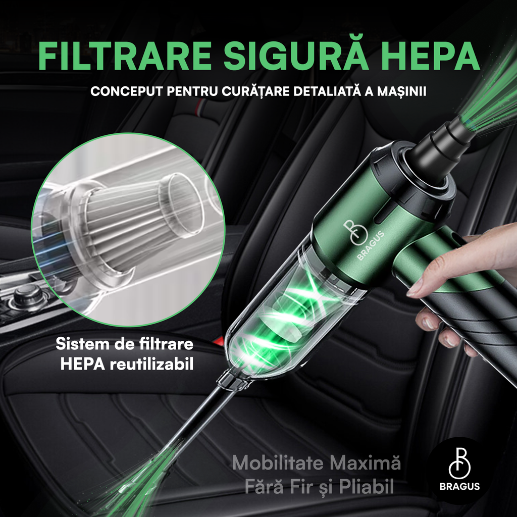 Mini Aspirator Portabil, BRAGUS, Pliabil, 16000Pa, 100W, Baterie 6000mAh, Autonomie 30min, 2în1 Aspirare și Suflare, Vidare, Umflare, 9 Accesorii, 3 Viteze, Filtru HEPA Reutilizabil, 3 Filtre