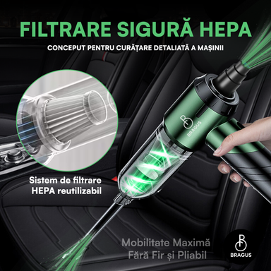 Mini Aspirator Portabil, BRAGUS, Pliabil, 16000Pa, 100W, Baterie 6000mAh, Autonomie 30min, 2în1 Aspirare și Suflare, Vidare, Umflare, 9 Accesorii, 3 Viteze, Filtru HEPA Reutilizabil, 3 Filtre