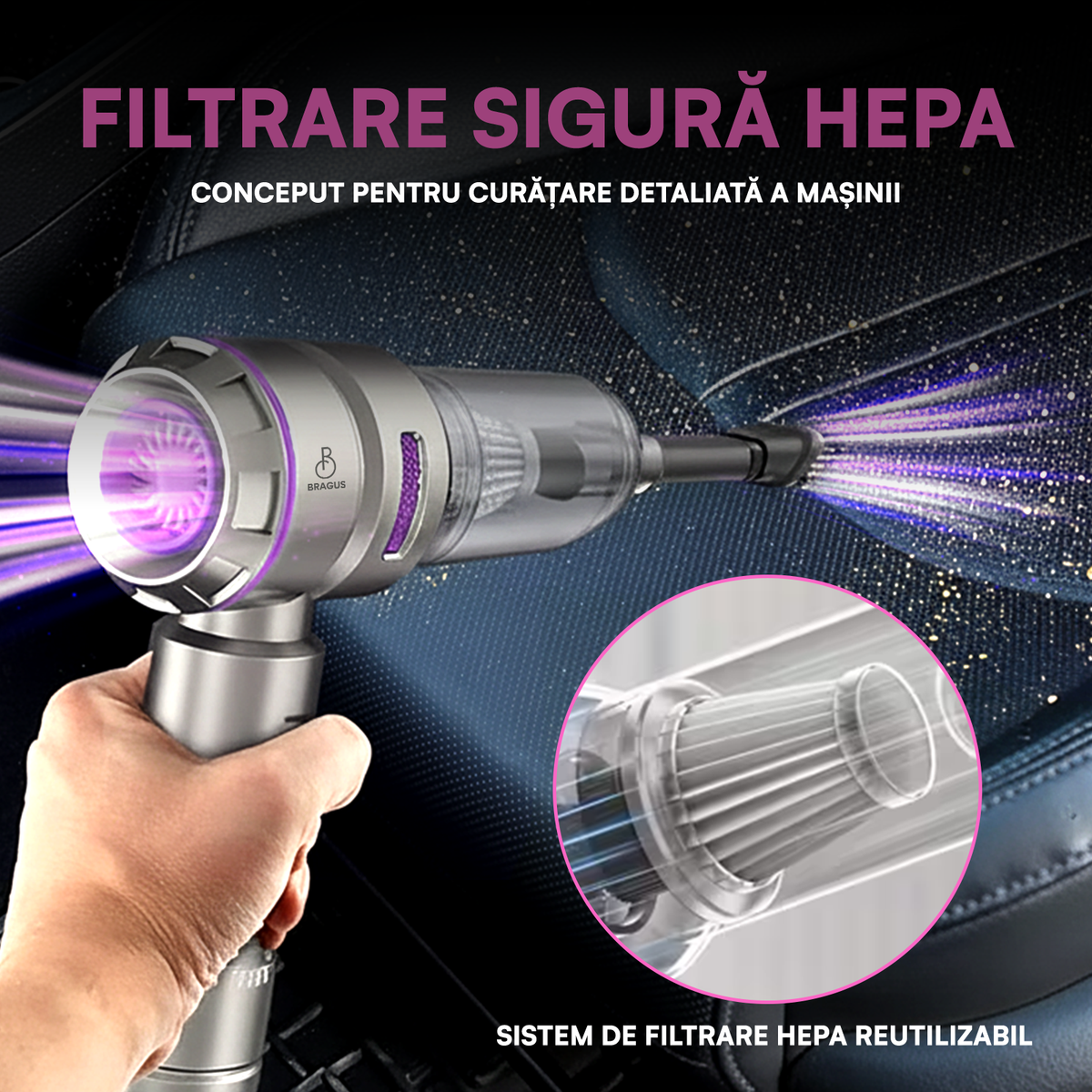 Mini Aspirator Auto Portabil, 16000 PA, Baterie 6000mAh, 100W, 90000RPM, Autonomie 30min, Aspirare, Suflare, Vacuum, 3 Viteze, 9 Accesorii, 3 Filtre HEPA Reutilizabile, Pentru Mașină și Casă