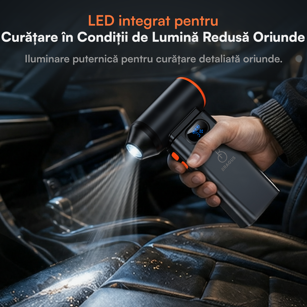 Suflantă Aer Comprimat, Portabilă, Turbo 110000 RPM, 4 Trepte de Viteză, Baterie 5200 mAh, Lumină LED, Până la 60 Minute Utilizare, Reîncărcabilă USB-C, Motor Brushless 100W, Pentru Curte sau Mașină