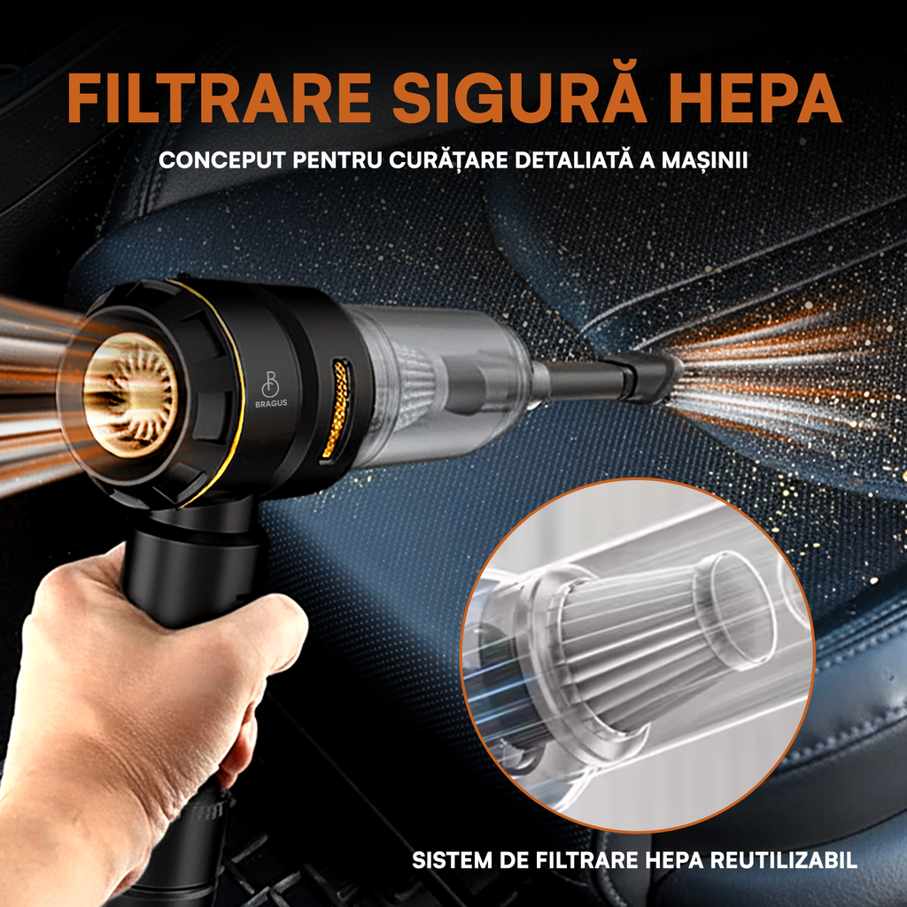 Mini Aspirator Auto Portabil, 16000 PA, Baterie 6000mAh, 100W, 90000RPM, Autonomie 30min, Aspirare, Suflare, Vacuum, 3 Viteze, 9 Accesorii, 3 Filtre HEPA Reutilizabile, Pentru Mașină și Casă