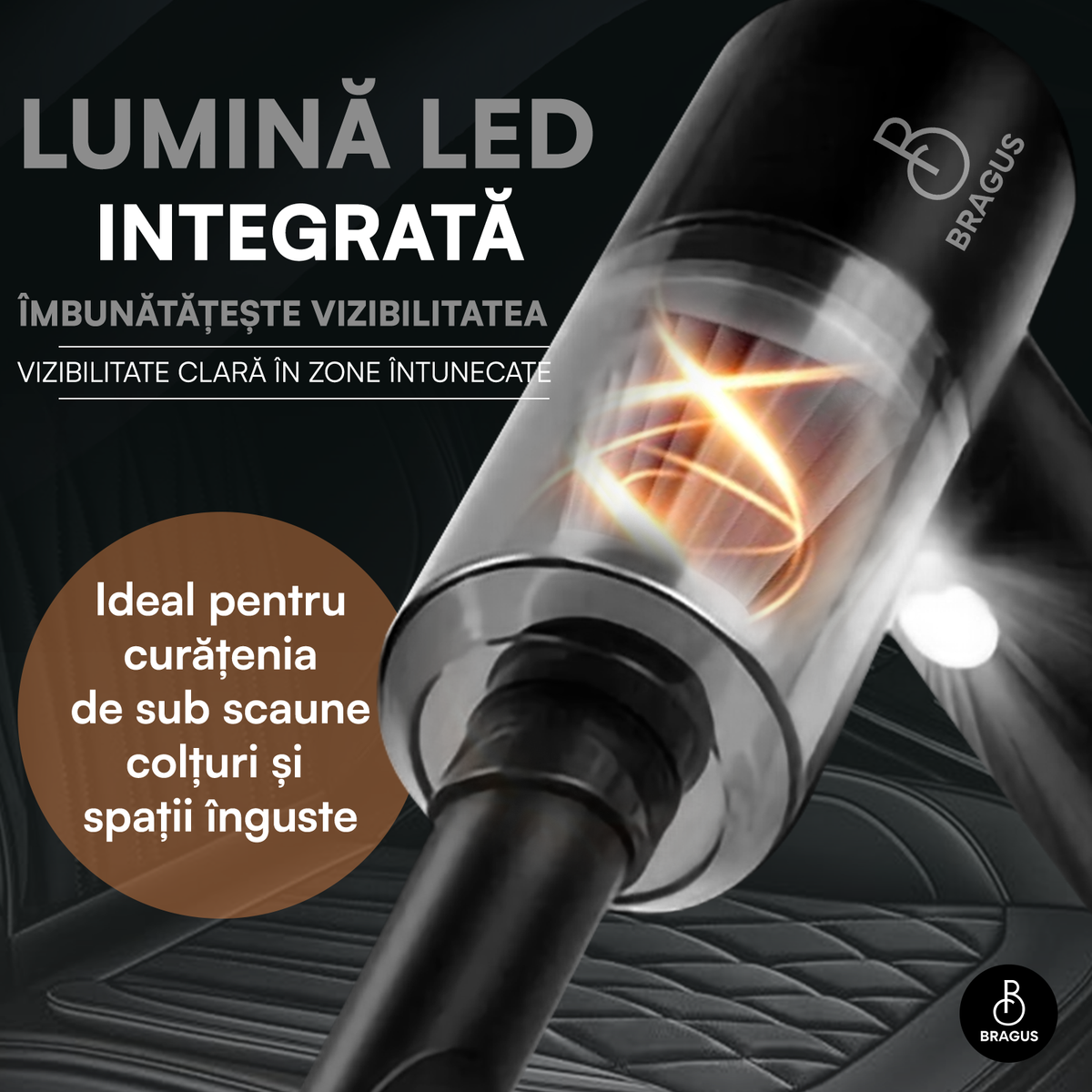 Mini Aspirator Auto Portabil, Acumulator 2400mAh, 9000Pa, 120W, Autonomie 30min, 2 în 1 Aspirare și Suflare, Vidare, Umflare, LED, Filtru HEPA, 3 Filtre Incluse, pentru Mașină și Casă, Încărcare USB