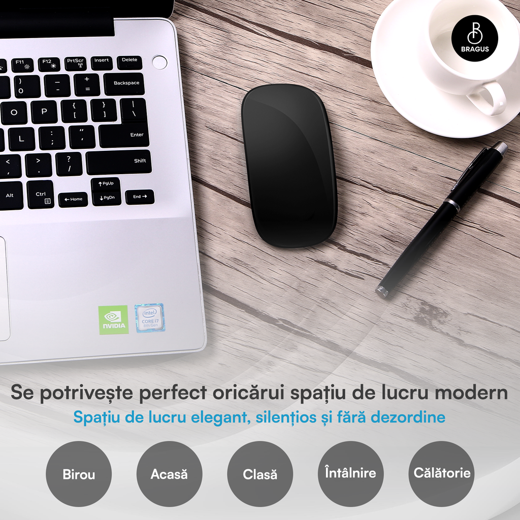 Mouse Wireless cu Gesturi, BRAGUS, Reîncărcabil USB-C, Ultra Subțire, 1600 dpi, 68gr, Mouse Touch cu Gesturi, Silențios, Design Elegant, Compact, Mouse fără fir, Compatibil cu Laptop, Telefon, Tabletă
