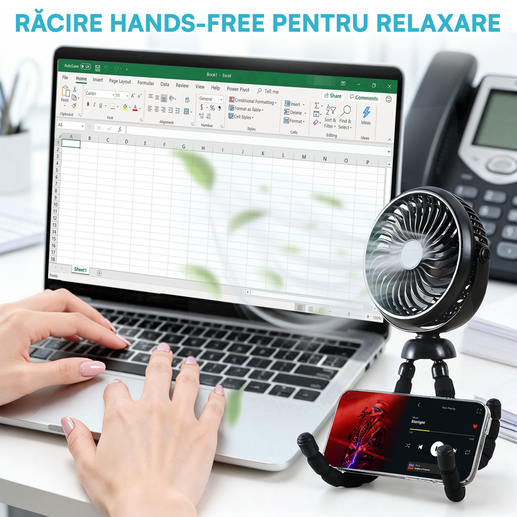 Ventilator Portabil, Trepied Flexibil și Detașabil, Baterie 2600mAh, Autonomie 10h, Reîncărcabil USB, 3 Trepte, Rotire 360, Silențios, Ventilator Mobil Birou, Călătorie, Camping, Mașină, Casă, Negru