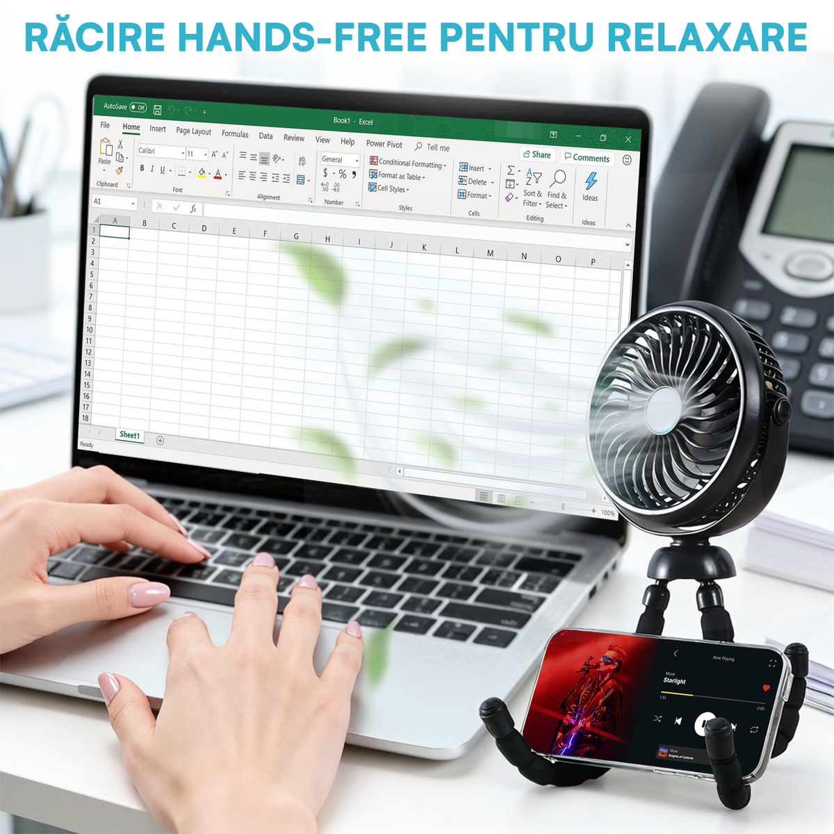 Ventilator Portabil, Trepied Flexibil și Detașabil, Baterie 2600mAh, Autonomie 10h, Reîncărcabil USB, 3 Trepte, Rotire 360, Silențios, Ventilator Mobil Birou, Călătorie, Camping, Mașină, Casă, Negru