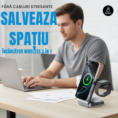 Încărcător Wireless 3 în 1, Încărcare Simultana 3 Dispozitive, Fast Charge 25W, Funcție Răcire Integrată, Tehnologie MagSafe, Protejează Bateria, QI2, Pliabil, Compact, Portabil, Compatibil Apple