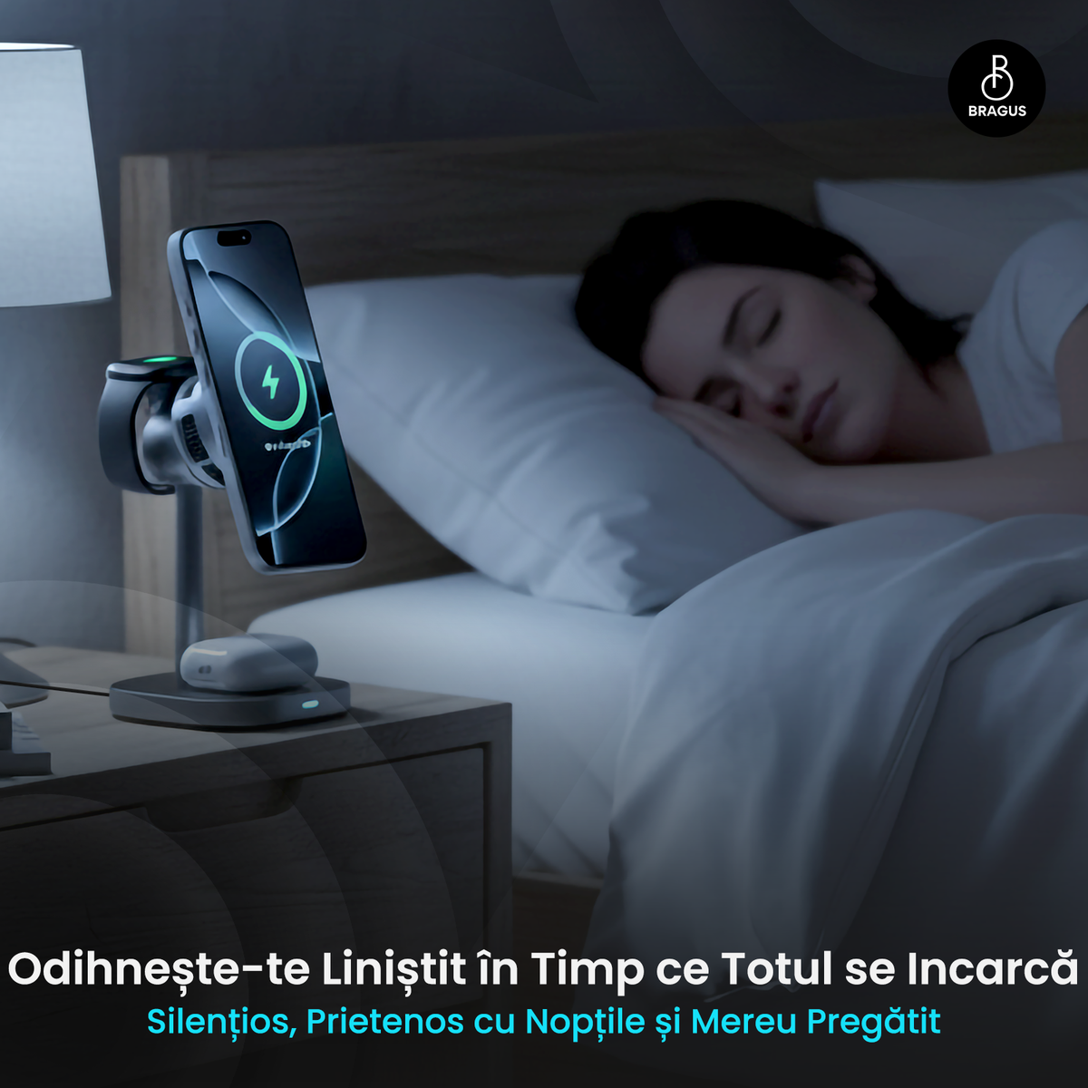 Încărcător Wireless 3 în 1, Încărcare Simultana 3 Dispozitive, Funcție Răcire Integrată, Tehnologie MagSafe, Protejează Bateria, Fast Charge 15W, QI2, Încărcător Multiport Wireless, Compatibil Apple