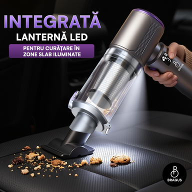 Mini Aspirator Auto Portabil, 20000 PA, Baterie 6000mAh, 130W, 110000RPM, Autonomie până la 42min, Lumină LED, Aspirare, Suflare, Vacuum, 3 Viteze, 7 Accesorii, 2 Filtre HEPA, Pentru Mașină