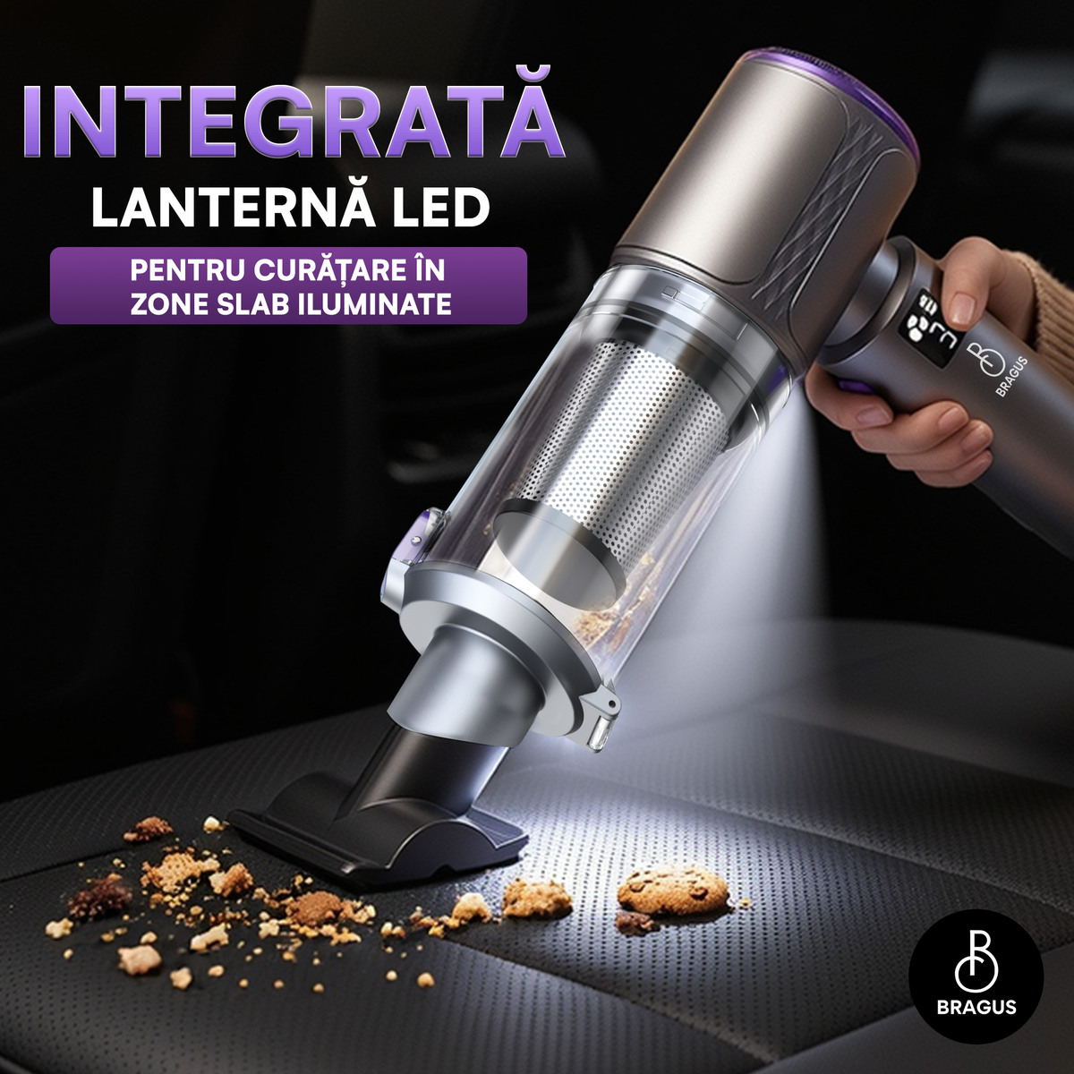 Mini Aspirator Auto Portabil, 20000 PA, Baterie 6000mAh, 130W, 110000RPM, Autonomie până la 42min, Lumină LED, Aspirare, Suflare, Vacuum, 3 Viteze, 7 Accesorii, 2 Filtre HEPA, Pentru Mașină
