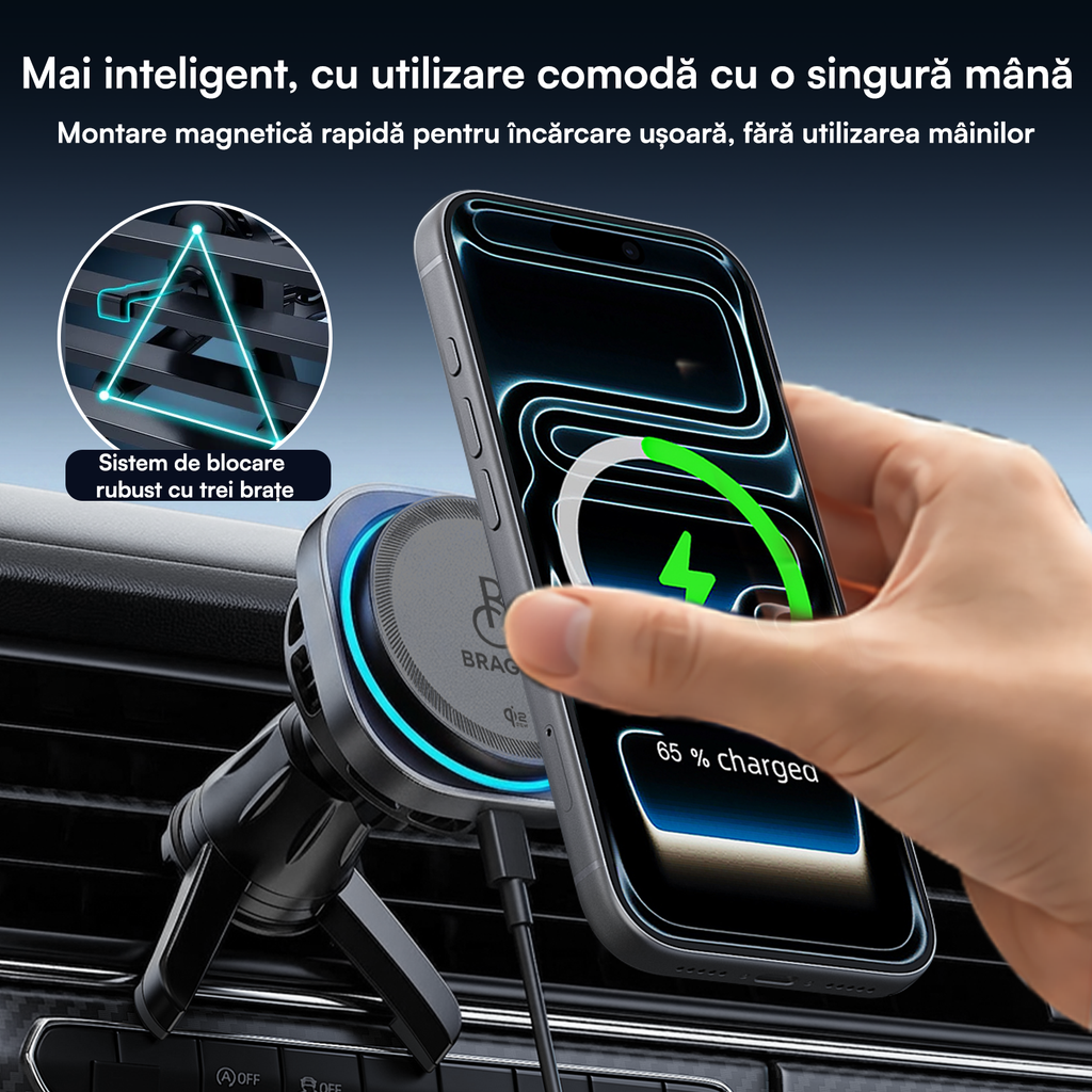 Încărcător Auto Wireless Magnetic, Încărcare Rapidă 25W, Funcție Răcire Integrată, Fixare Puternică, Protocol QI2.2, Lumină Ambientală, Adaptor 45W Inclus, Tehnologie MagSafe, Suport Pentru Telefon