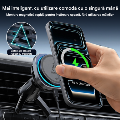 Încărcător Auto Wireless Magnetic, Încărcare Rapidă 25W, Funcție Răcire Integrată, Fixare Puternică, Protocol QI2.2, Lumină Ambientală, Adaptor 45W Inclus, Tehnologie MagSafe, Suport Pentru Telefon