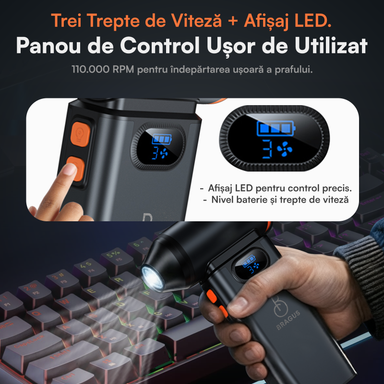 Suflantă Aer Comprimat, Portabilă, Turbo 110000 RPM, 4 Trepte de Viteză, Baterie 5200 mAh, Lumină LED, Până la 60 Minute Utilizare, Reîncărcabilă USB-C, Motor Brushless 100W, Pentru Curte sau Mașină