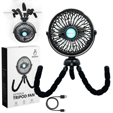 Ventilator Portabil, Trepied Flexibil și Detașabil, Baterie 2600mAh, Autonomie 10h, Reîncărcabil USB, 3 Trepte, Rotire 360, Silențios, Ventilator Mobil Birou, Călătorie, Camping, Mașină, Casă, Negru