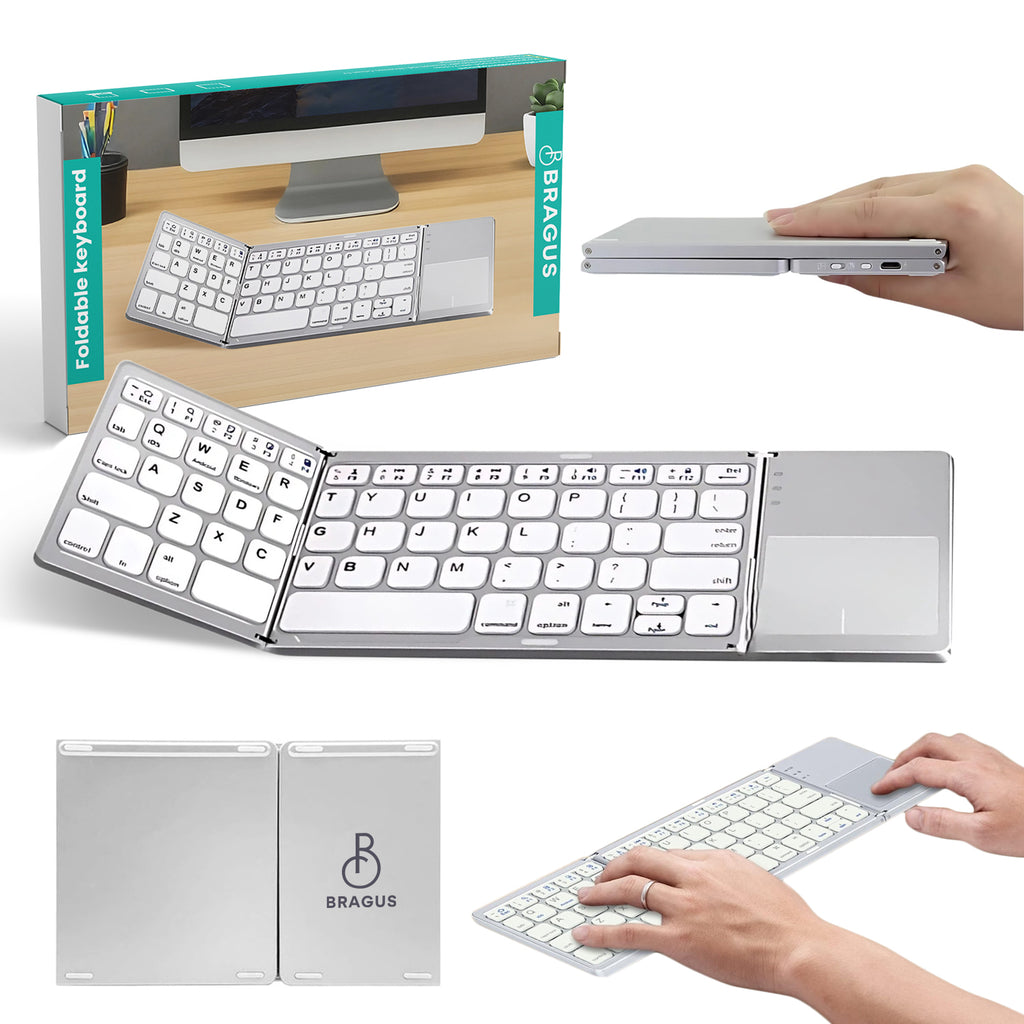 Tastatură wireless pliabilă, ultra-subțire, portabilă, reîncărcabilă USB-C, touch pad cu 2 click-uri, pliabilă în 3 secțiuni, Bluetooth 5.0, compatibilă Android, iOS, Smart TV, tabletă, PC, 200g