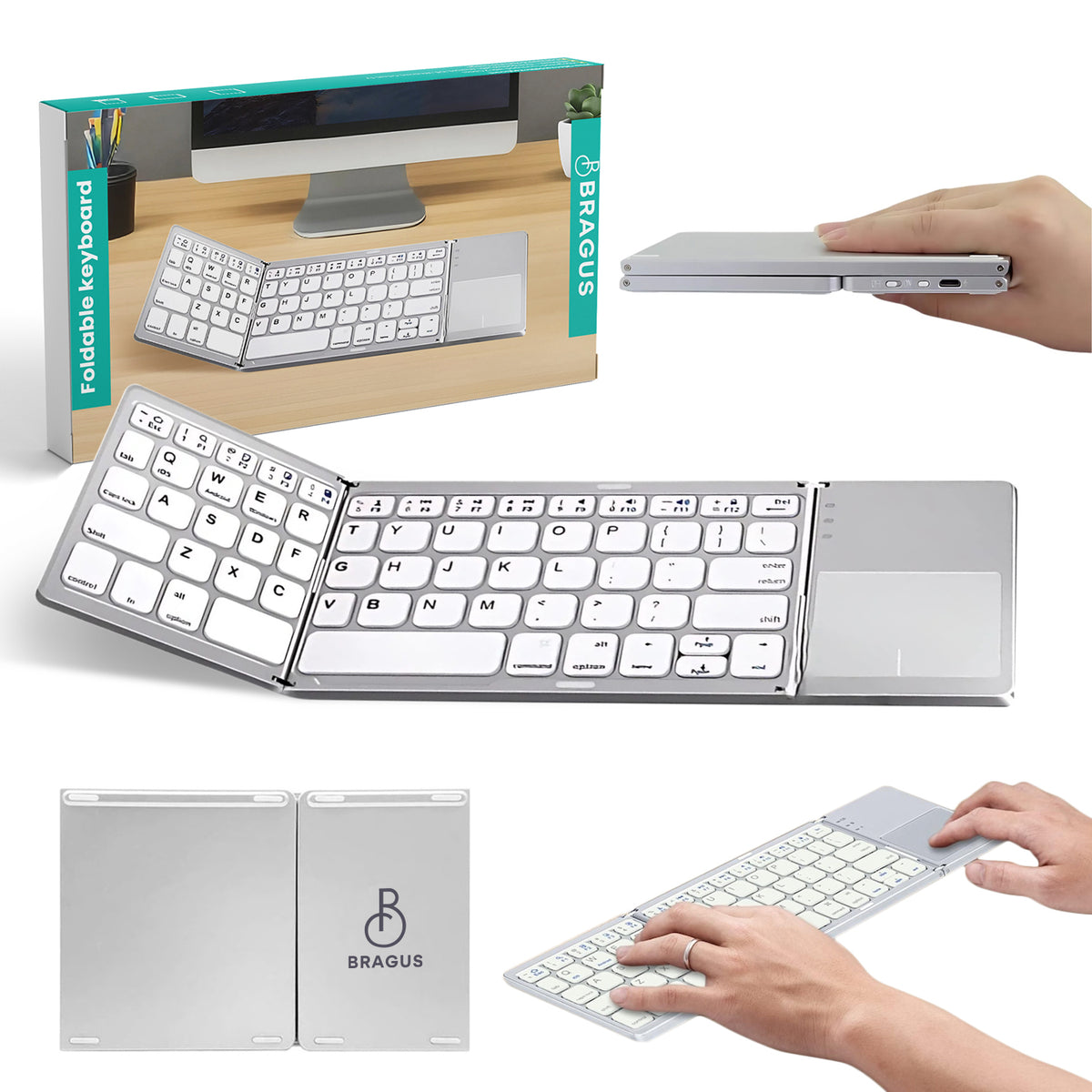 Tastatură wireless pliabilă, ultra-subțire, portabilă, reîncărcabilă USB-C, touch pad cu 2 click-uri, pliabilă în 3 secțiuni, Bluetooth 5.0, compatibilă Android, iOS, Smart TV, tabletă, PC, 200g