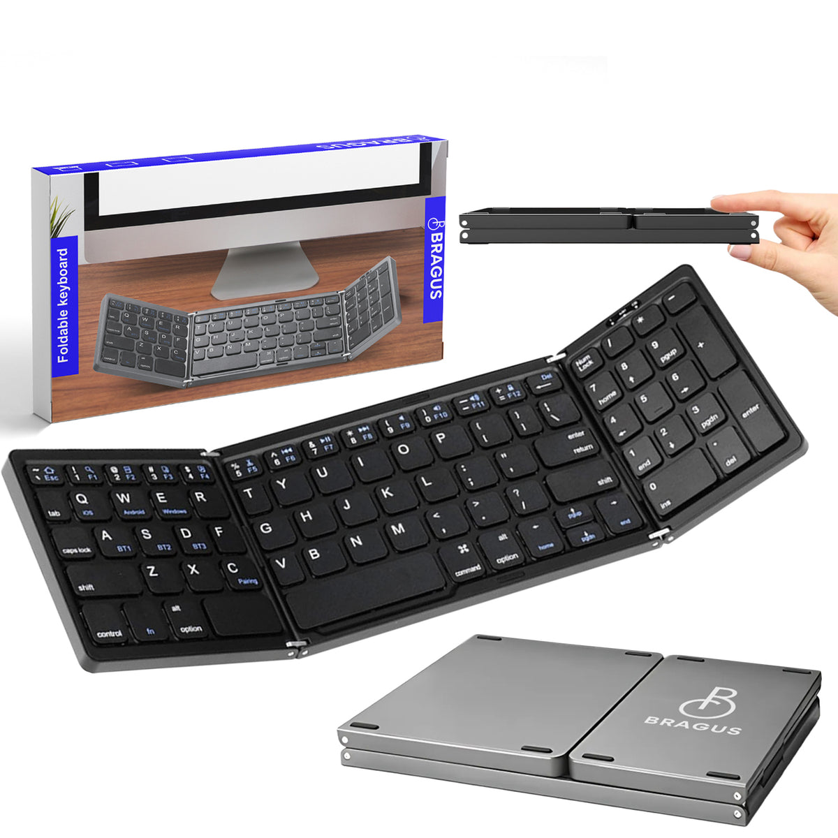 Tastatură Pliabilă Ultra Subțire, Bluetooth 5.0, Reîncărcabilă USB, 140mAh, Autonomie 100h, Pliabilă în 3 secțiuni, 3 Conexiuni Simultane, Wireless, Compatibilă cu Android, iOS, Smart TV, PC, 200g