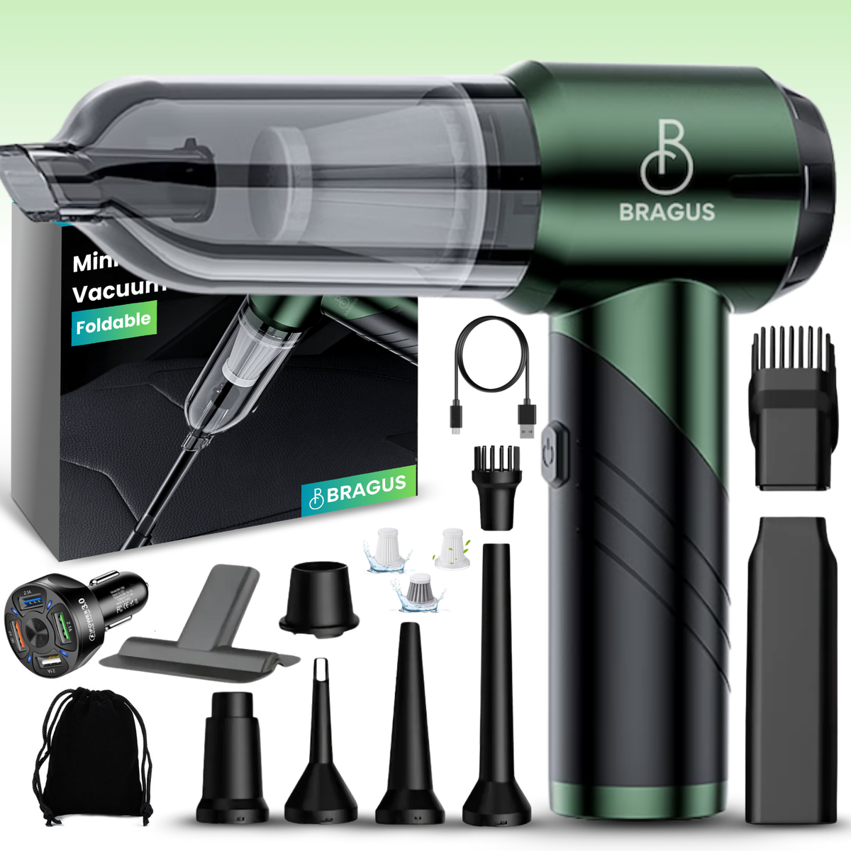Mini Aspirator Portabil, BRAGUS, Pliabil, 16000Pa, 100W, Baterie 6000mAh, Autonomie 30min, 2în1 Aspirare și Suflare, Vidare, Umflare, 9 Accesorii, 3 Viteze, Filtru HEPA Reutilizabil, 3 Filtre