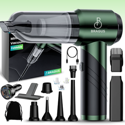 Mini Aspirator Portabil, BRAGUS, Pliabil, 16000Pa, 100W, Baterie 6000mAh, Autonomie 30min, 2în1 Aspirare și Suflare, Vidare, Umflare, 9 Accesorii, 3 Viteze, Filtru HEPA Reutilizabil, 3 Filtre