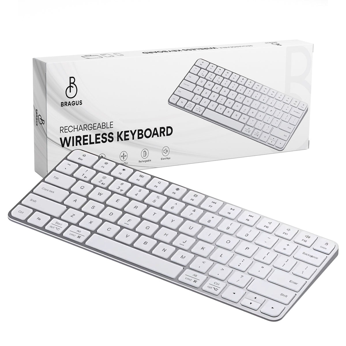 Tastatură Wireless Reîncărcabilă, BRAGUS, Bluetooth 5.1, USB, 500mAh, Ultra Subțire, Aluminiu, Conectare Simultană pe 3 Dispozitive, Compatibilă PC, Windows, Mac, iOS, Android, Type-C, 230g
