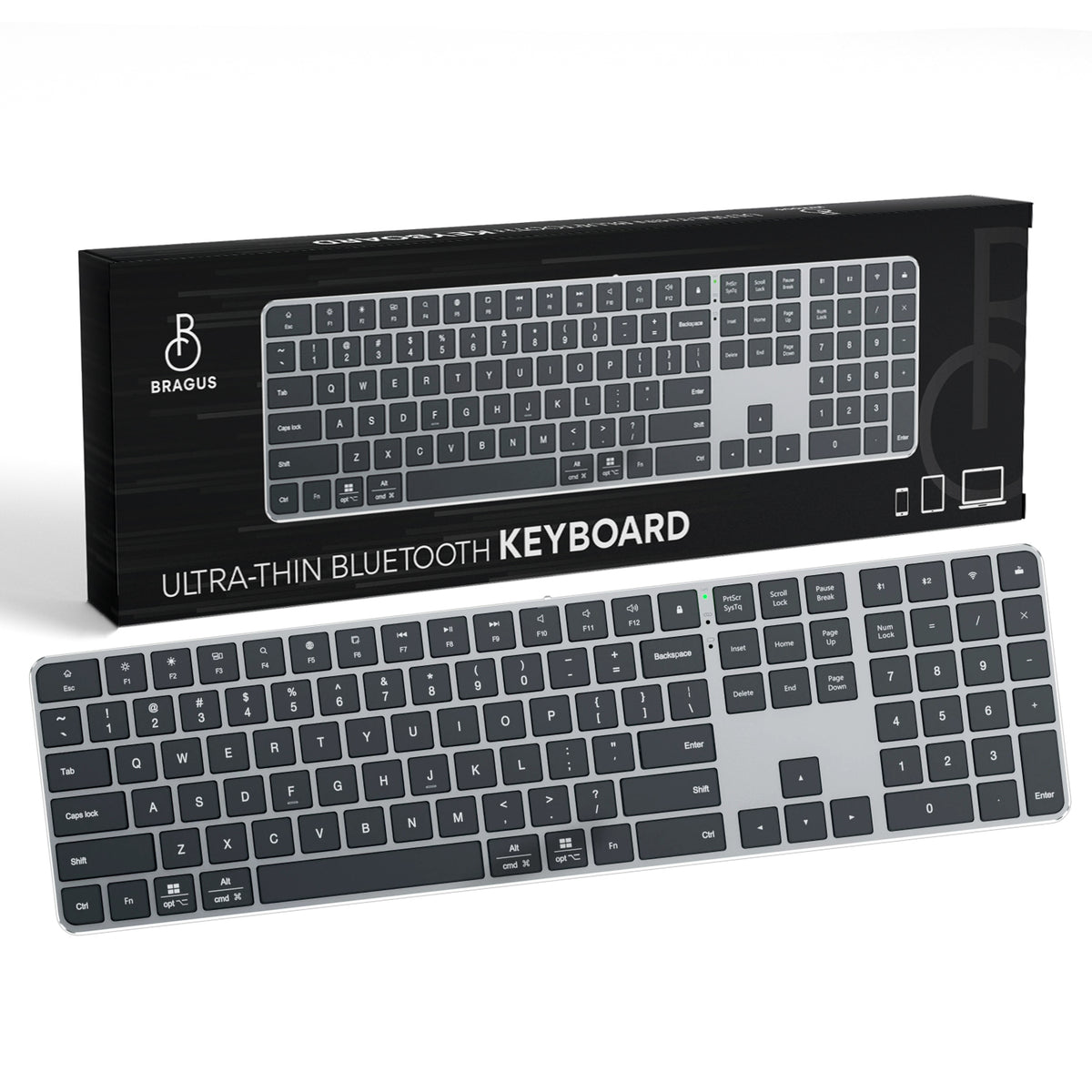 Tastatură Wireless Reîncărcabilă, Bluetooth 5.2, 500mAh, Ultra Subțire, Aluminiu, Taste Scissor Switch, Conectare la 3 Dispozitive, Compatibilă PC, Windows, Mac, iOS, Android, Type-C, 495g