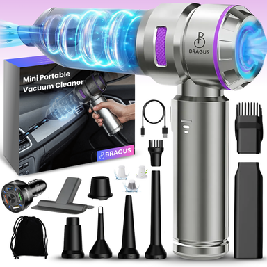 Mini Aspirator Auto Portabil, 16000 PA, Baterie 6000mAh, 100W, 90000RPM, Autonomie 30min, Aspirare, Suflare, Vacuum, 3 Viteze, 9 Accesorii, 3 Filtre HEPA Reutilizabile, Pentru Mașină și Casă
